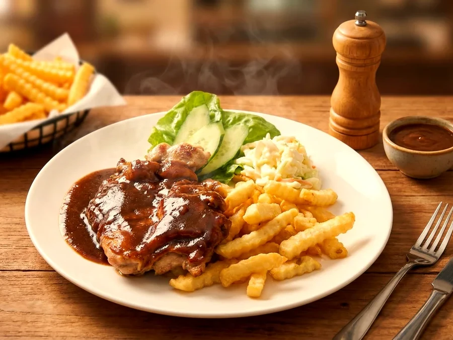Grilled chicken chop smothered in glossy black pepper sauce with crinkle fries and coleslaw