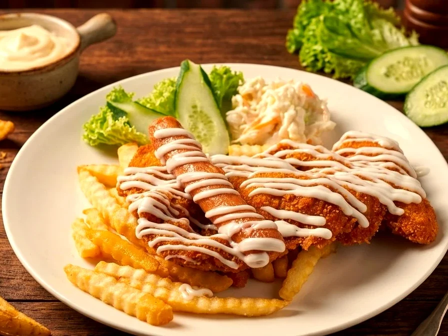 Chicken Maryland — crispy cutlets with sausage, fries, coleslaw and mayo drizzle