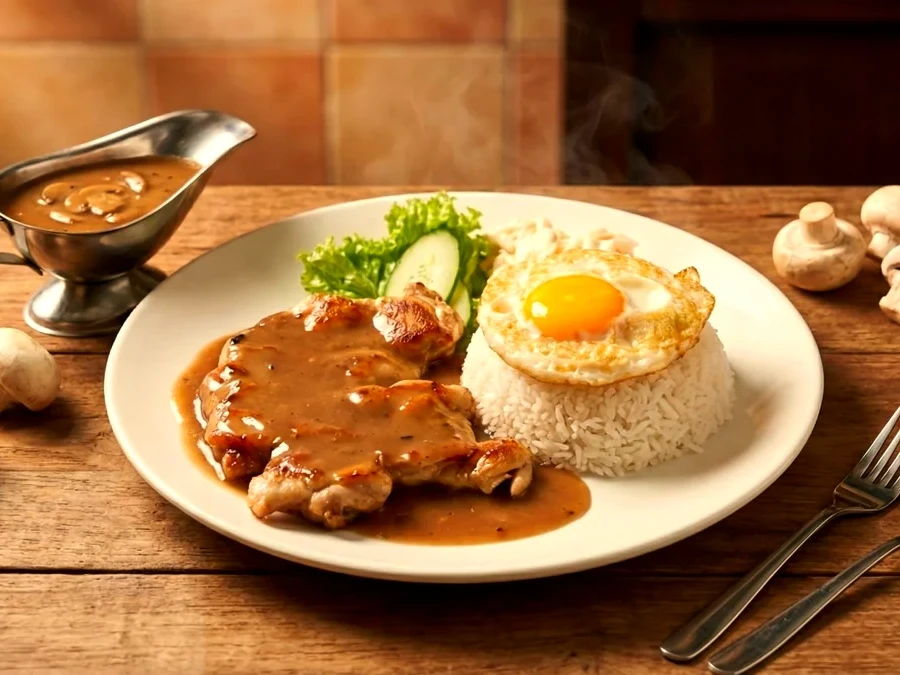 Mushroom Chicken Rice with creamy gravy, fried egg and garden salad