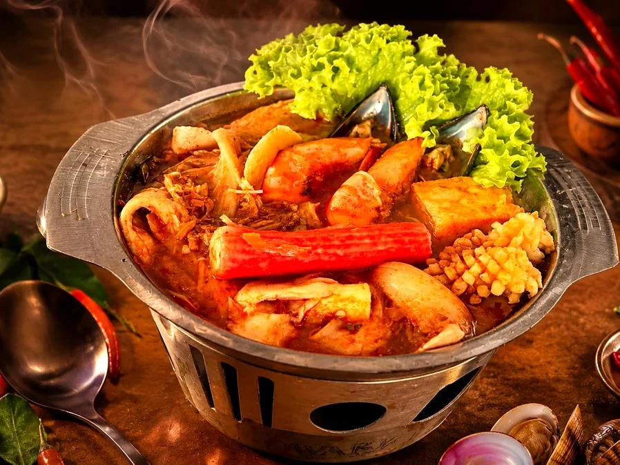 Tom Yam Mee Hoon — spicy vermicelli soup with prawns, squid and mussels in a fiery broth