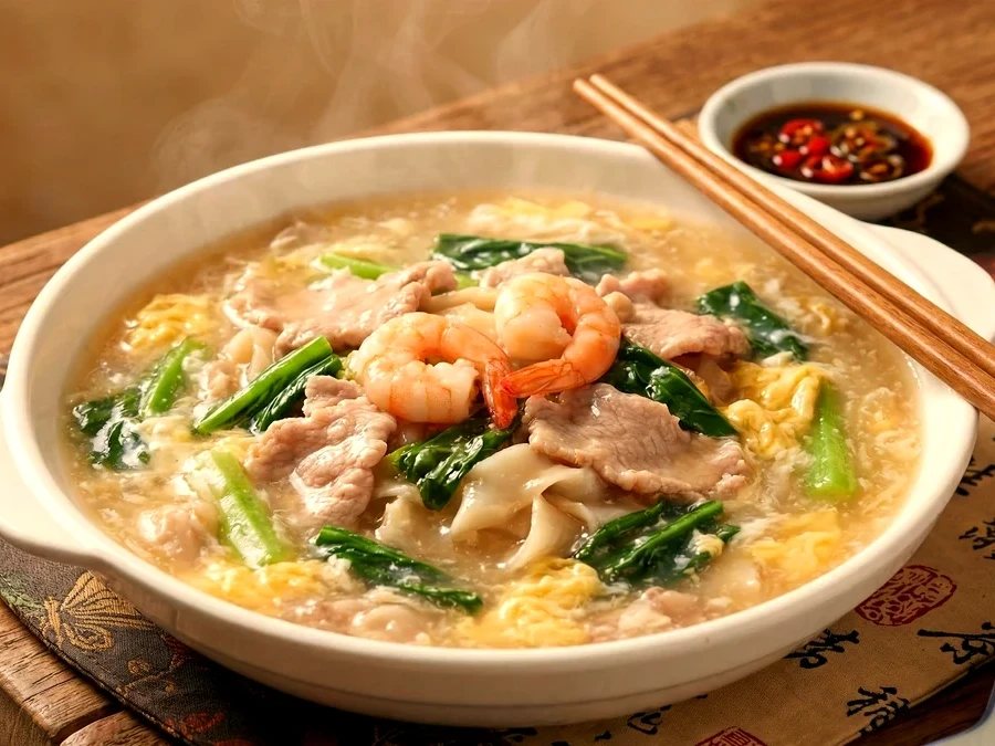 Wan Tan Hor — silky egg-drop gravy over flat noodles with prawns, pork and greens