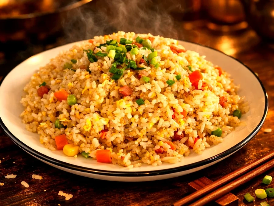 Yang Zhou Fried Rice with prawns, ham, egg, peas and corn